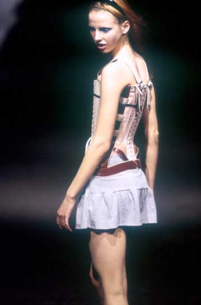 Leather and metal detailing on corset in collaboration with 'Mr Pearl' for Hussein Chalayan